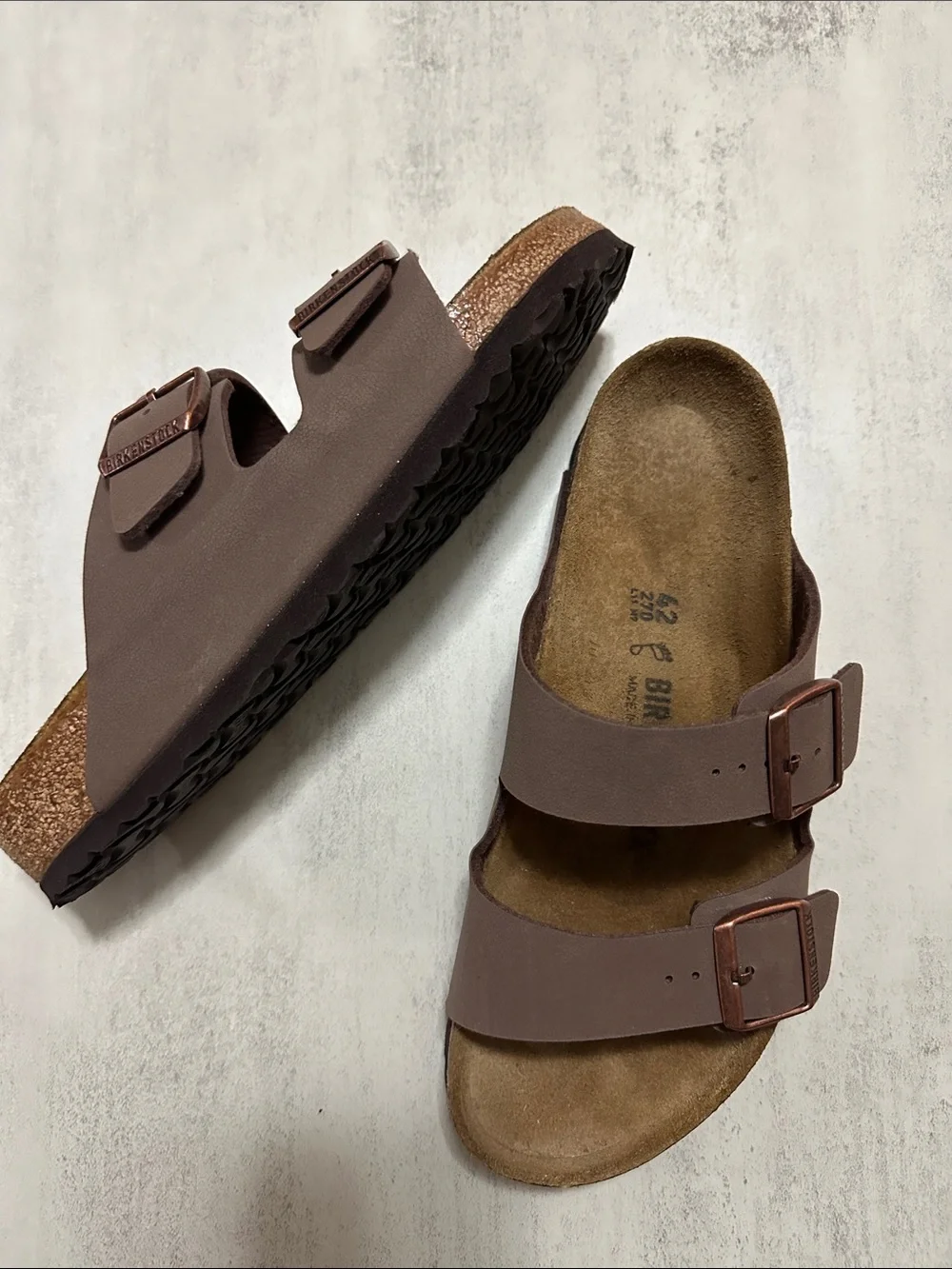 Birkenstock Men's Slide Sandals in Dark Brown (Mocha) with Copper Buckles